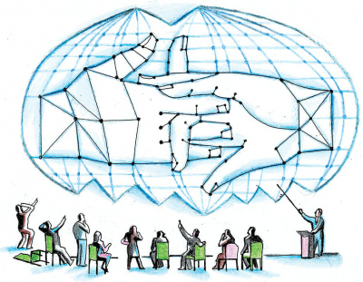 Corporate presentation demonstrates a secret handshake.