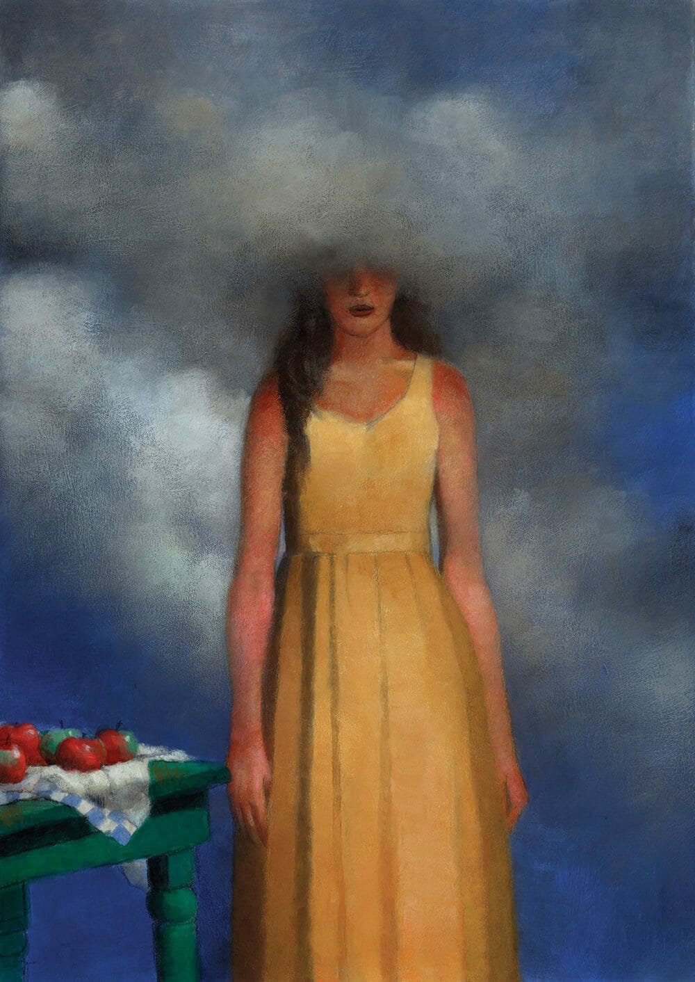 A woman in a yellow dress stands beside a table, her head obscured by fog.