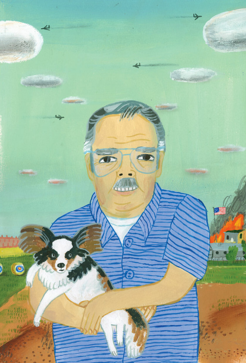 angry white man with small dog