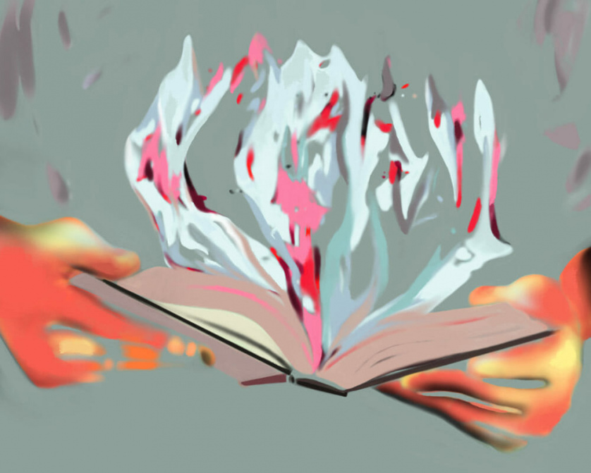 flames burst from the pages of a book held open in someone's hands