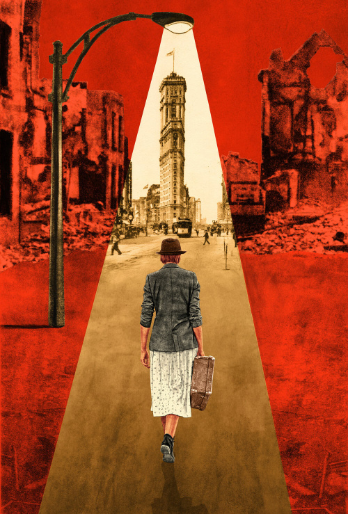 An old-timey teenager walks toward the Flatiron building through WWII rubble.