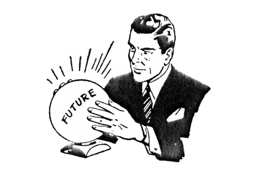 A serious looking 1950s company man holds a crystal ball labeled “FUTURE” with both of his hands.