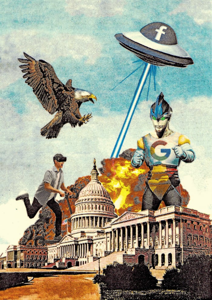 A flying saucer and a ten-story robot emblazoned with the Facebook and Google logos destroy the Capitol Building alongside a giant eagle and a man riding an electric scooter with virtual reality goggles. There are explosions.