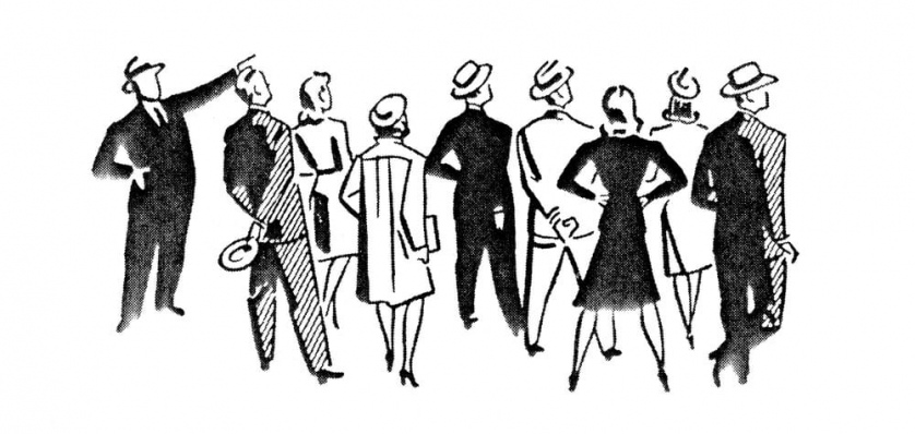 A 1940s to 1950s stylized cartoon of faceless people look away from the viewer as a man points his arm upwards.