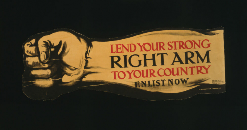 The words, "LEND YOUR STRONG RIGHT ARM TO YOUR COUNTRY ENLIST NOW," is stamped on an arm making a fist fit for punching.