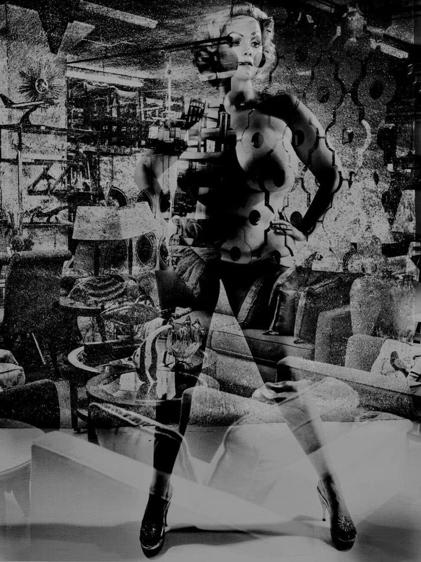 A black-and-white collage in which a voluptuous woman with a 1950s hairstyle is superimposed over a scene of a furniture store.