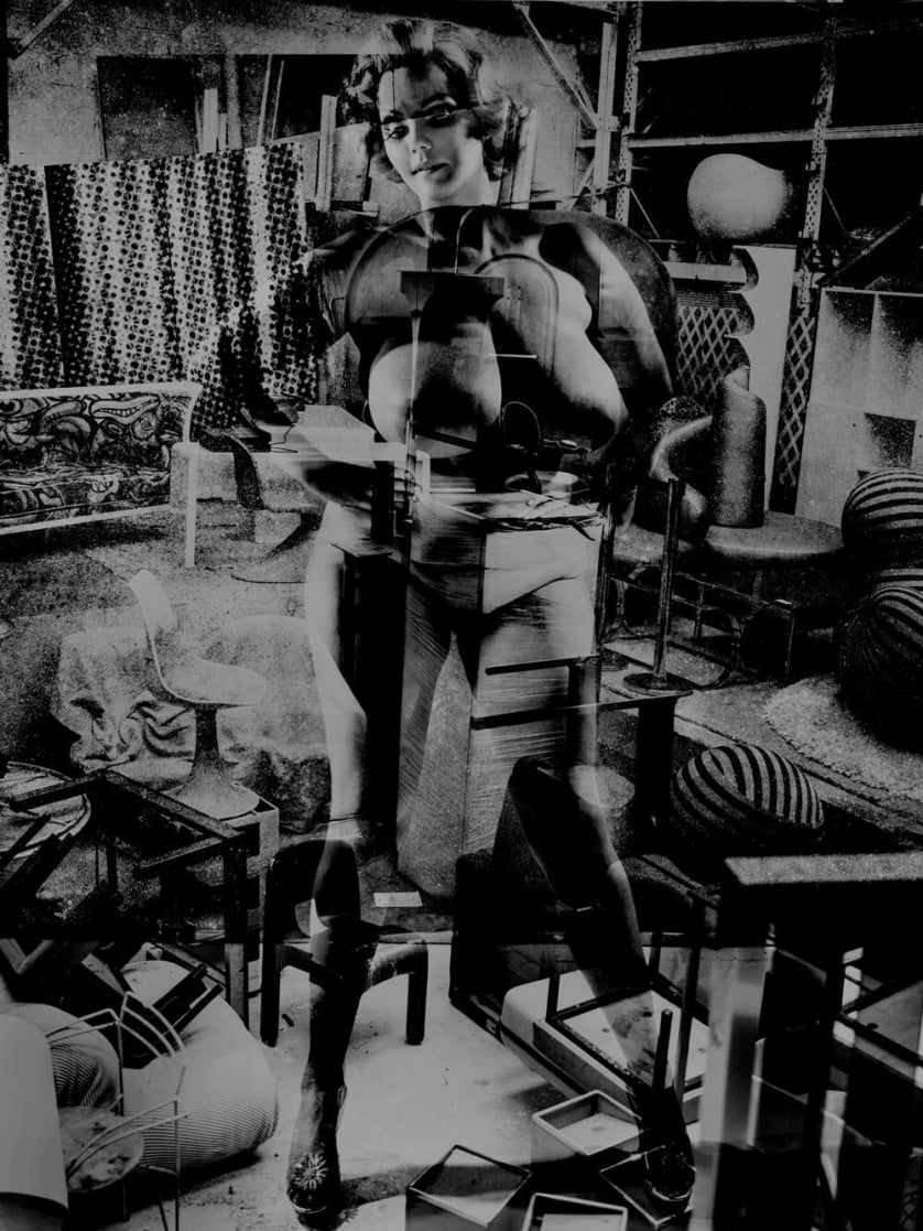 A black-and-white collage in which a voluptuous woman with a 1950s hairstyle is superimposed over various photos of discarded and overturned furniture.