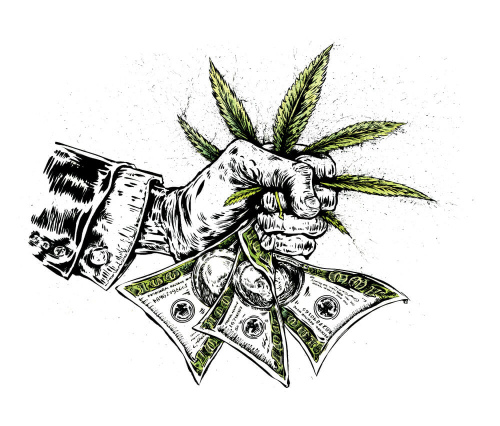 A businessman's clenched fist squeezes hundred dollar bills and a marijuana leaf.