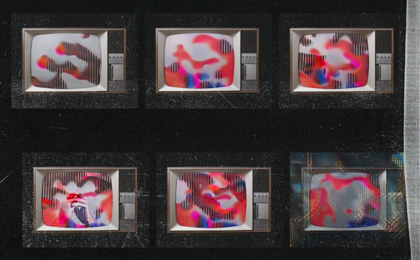 Six TVs, stacked three by two, display distorted red and blue figures.