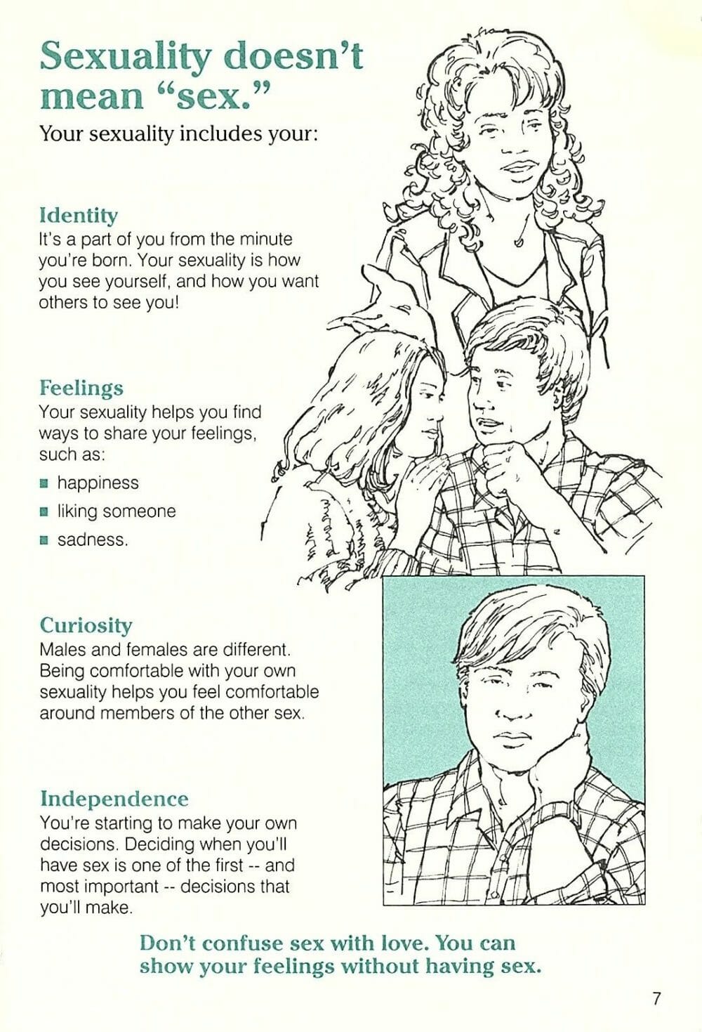 An illustrated brochure explains to teens: "Sexuality doesn't mean sex."