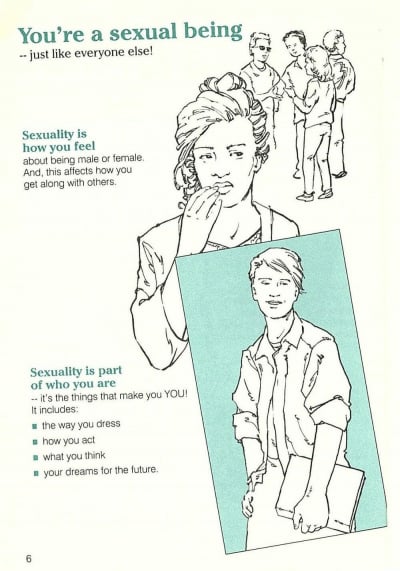 An illustrated brochure explains to teens: "You're a sexual being" and "Sexuality doesn't mean sex."