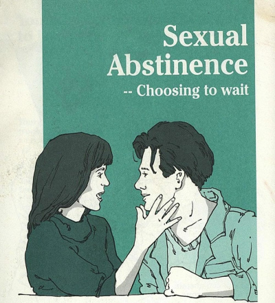 A woman puts a hand over the face of a man below the words "Sexual Abstinence - Choosing to wait"