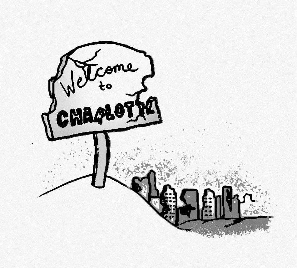 A broken sign reading “Welcome to Charlotte” on a hill standing before the remains of the ruined city.