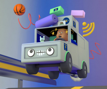 A man with stars flying around his head drives an anthropomorphic van while his possessions, including a blanket and a basketball, bounce on the roof.