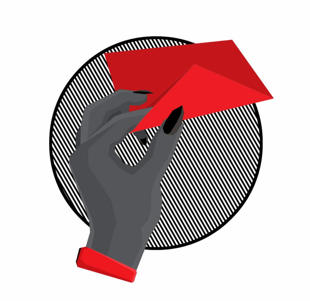 A hand with black nails holds a red envelope. It's the art for The Baffler's Weekly Newsletters.