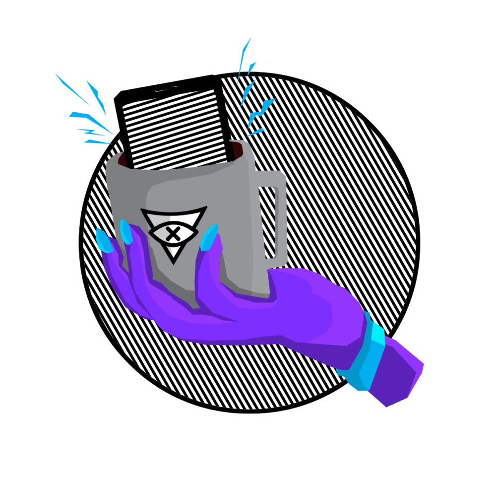 A purple hand with teal nails and a teal bracelet holds a coffee mug with a smartphone dropped into it.