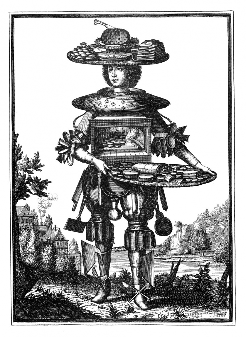 Drawn in a medieval style, a man wearing armor made of assorted kitchen appliances holds a tray.