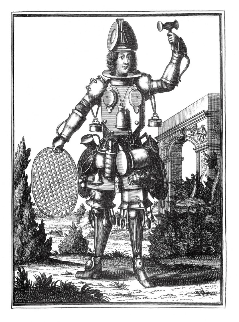 Drawn in a medieval style, a man wearing bizarre armor holds a gavel up in the air.