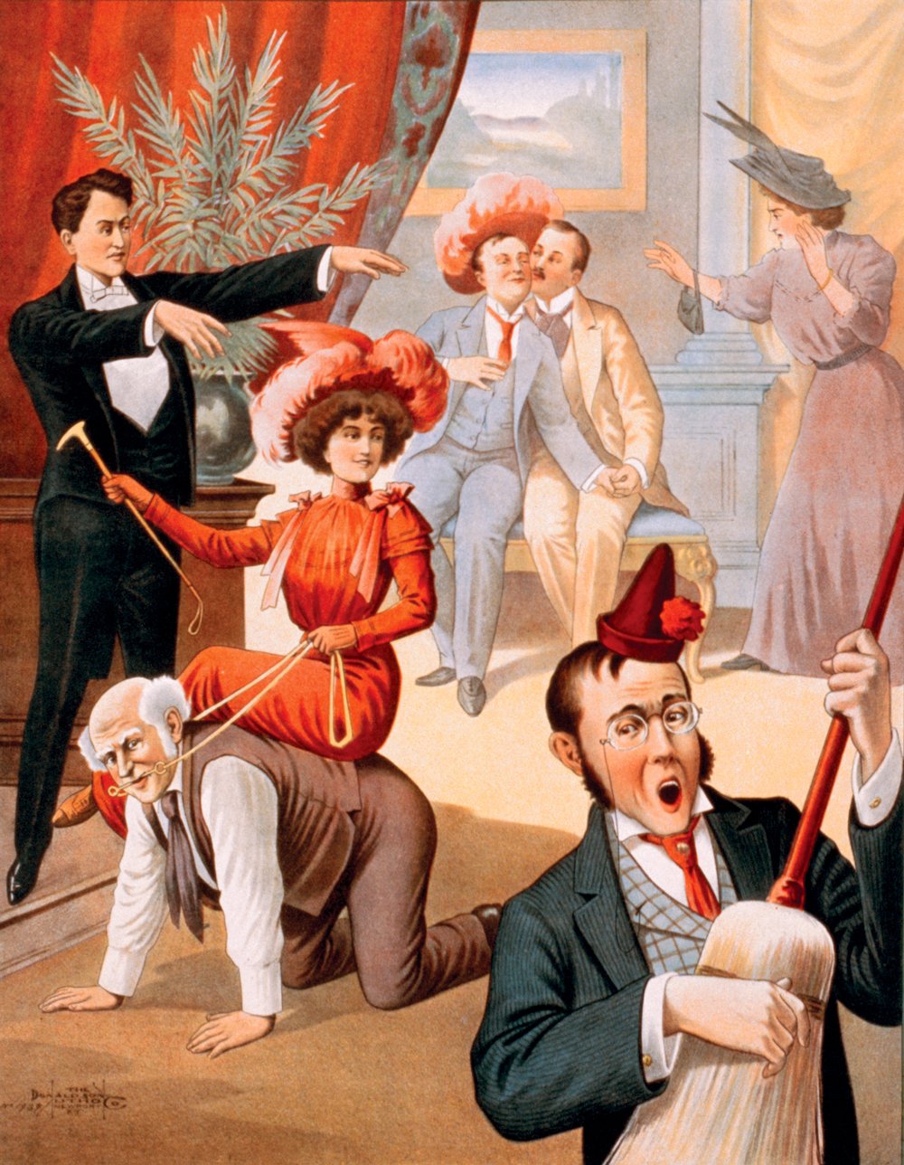 A hypnotist makes a mockery of party-goers as they revel in delight. A woman rides a man like a horse as he crawls on all fours, while a man wearing a party hat plays a broom as if it was a guitar.