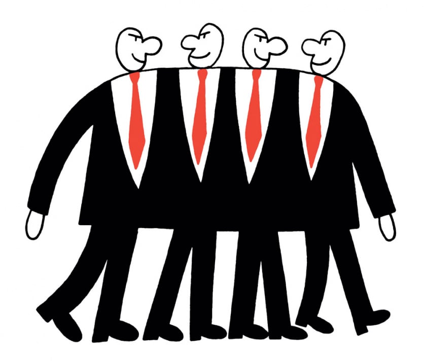 Four Business Bosses smirk maliciously as they walk in step as a single entity.