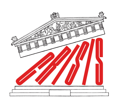 The letters of the word CRISIS are toppling pillars failing to hold up the roof of a classical building reminiscent of the Parthenon.