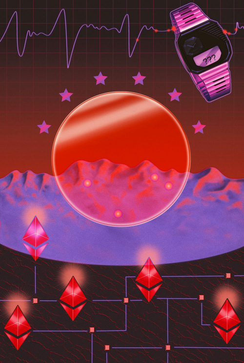 In reds and purples, a sun floats behind a mountain above a network diagram. A digital wristwatch floats above the sun.