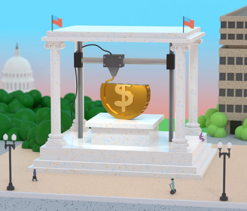 Another Washington, D.C., monument rendered as a 3D printer assembling a giant gold coin line by line.