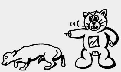 An angry-looking Felix yells at a sheepish dog while pointing it away.