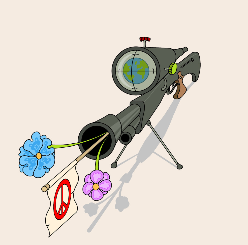 A sniper rifle, with the earth in its sights, shoots flowers and a peace sign out of its barrel.