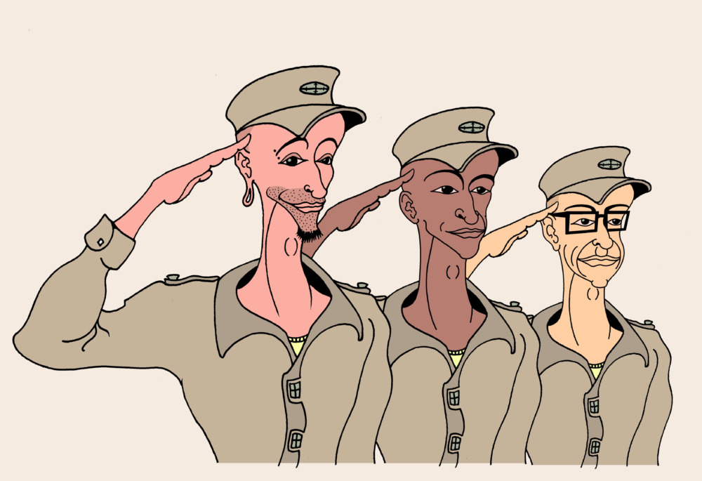 Three men in cadet uniforms perform a military salute.