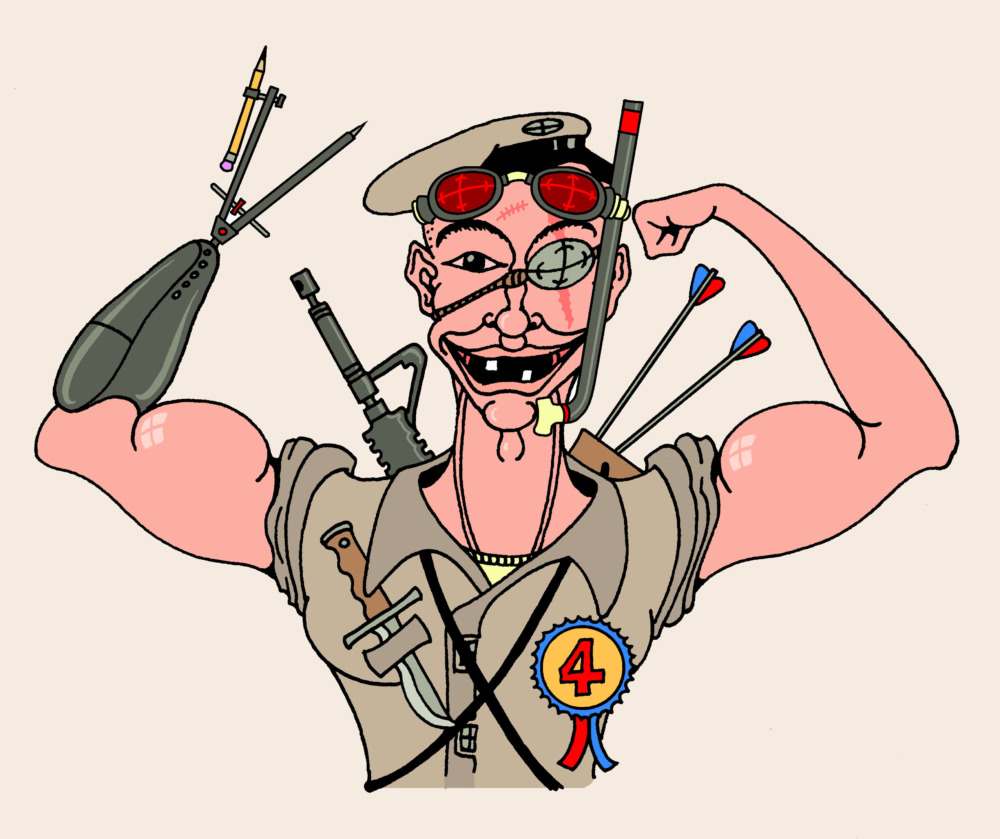 A man showing off his muscular arms has a bunch of weaponry strapped to him. He has an eyepatch and is missing a hand.