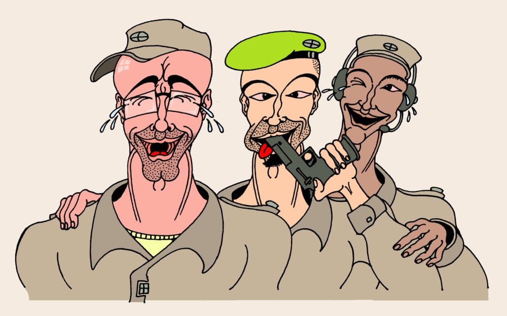 Three men in military uniforms are laughing as one of them sticks a gun in his mouth.