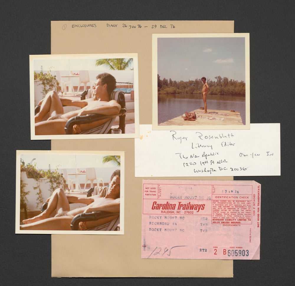 Photographs of Robert Lynch near a pool alongside a bus ticket and a small piece of paper with the address of an editor.