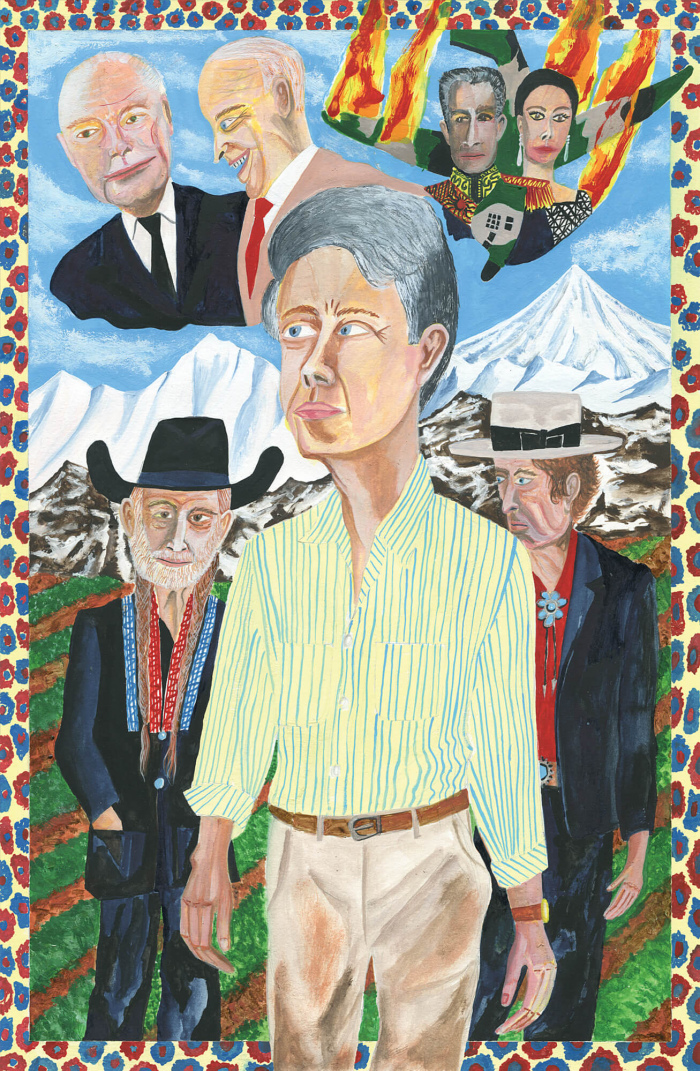 Jimmy Carter with Bob Dylan and Willie Nelson around him.