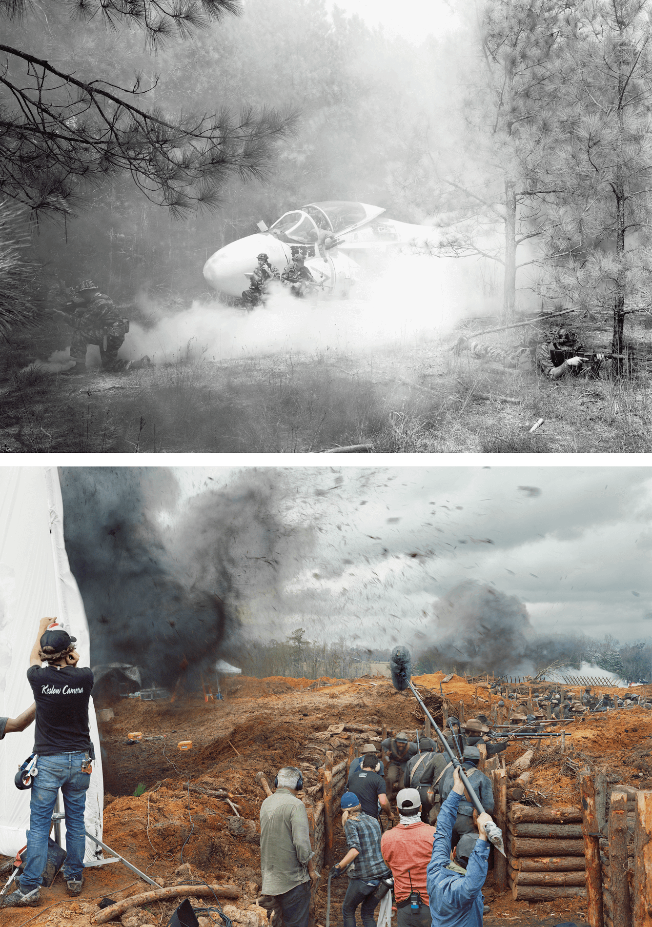 On the top is a black and white photograph of a Vietnam War era aircraft on fire. Below it is a photograph of a film set of a Civil War-era movie.