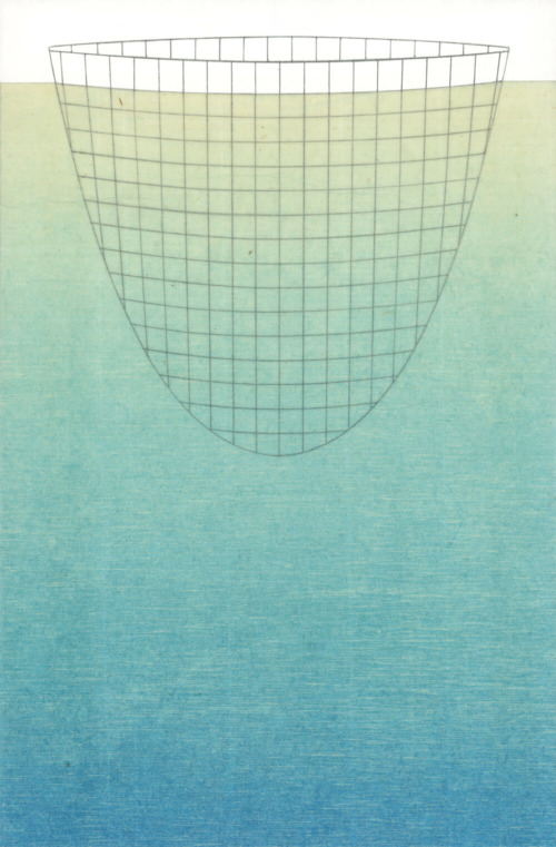 A deep net floats in a blue-greenish ombré sea.