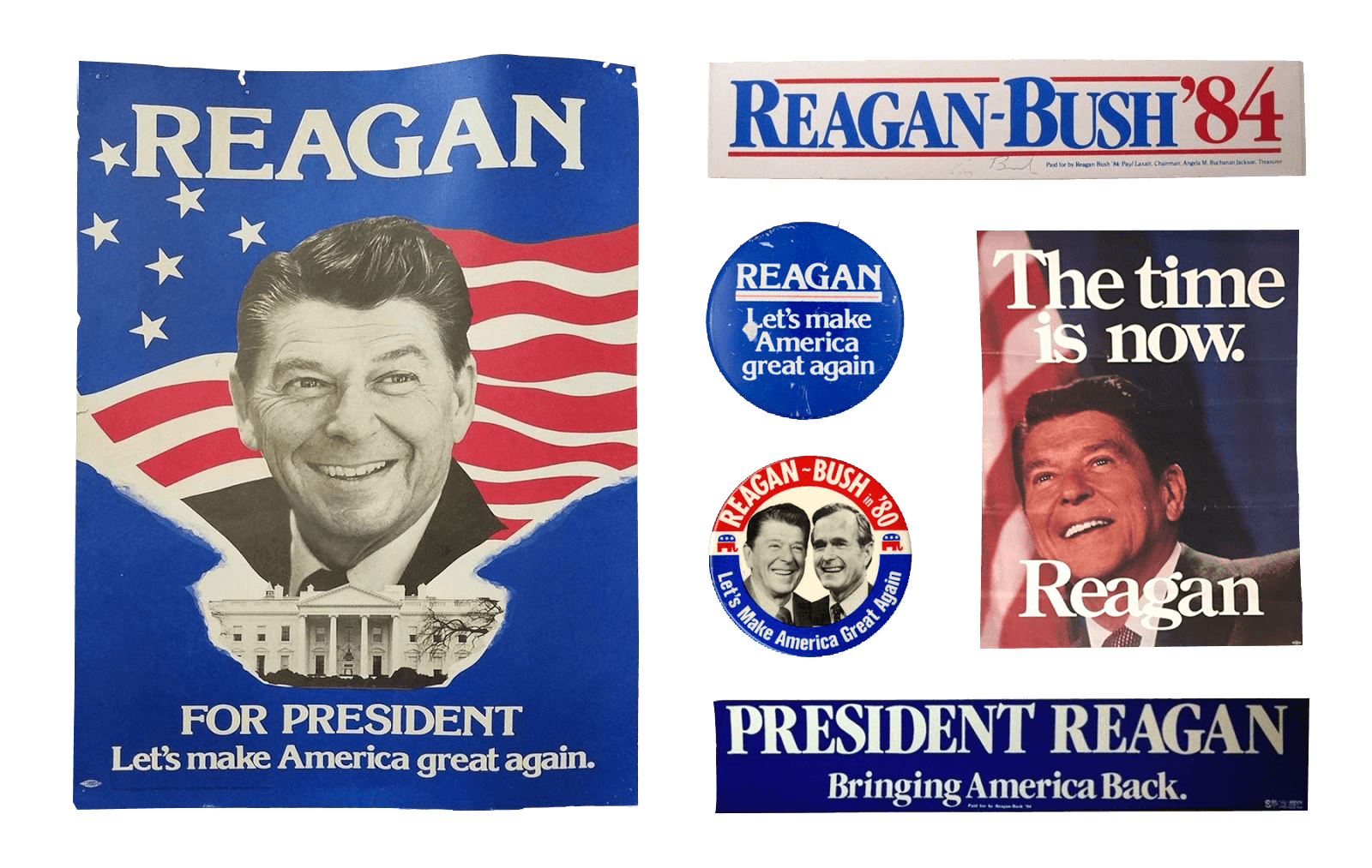 Campaign visuals from Reagan’s 1984 campaign. “REAGAN FOR PRESIDENT,” Let’s make American great again.”