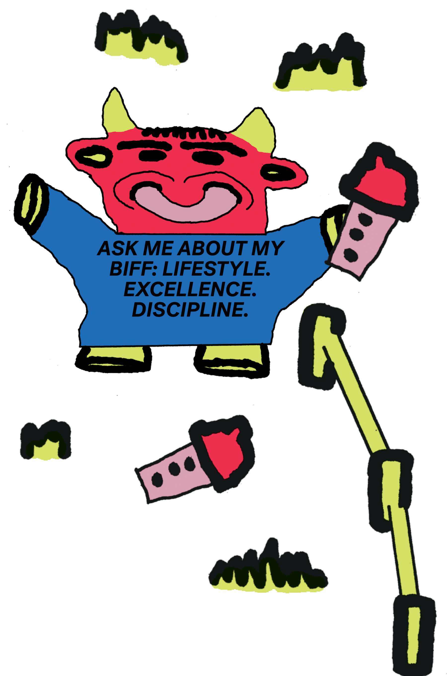 A bull with a Biff-TEK shake is holding his hands up in the air. He’s wearing a shirt that reads “ASK ME ABOUT MY BIFF: LIFESTYLE. EXCELLENCE. DISCIPLINE.