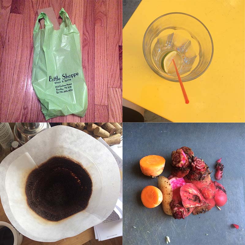 A grid of four photos. Moving clockwise from the top left: a green plastic bag, a red cocktail straw in an empty glass, the remains of a chopped beet and carrots, a used coffee filter.