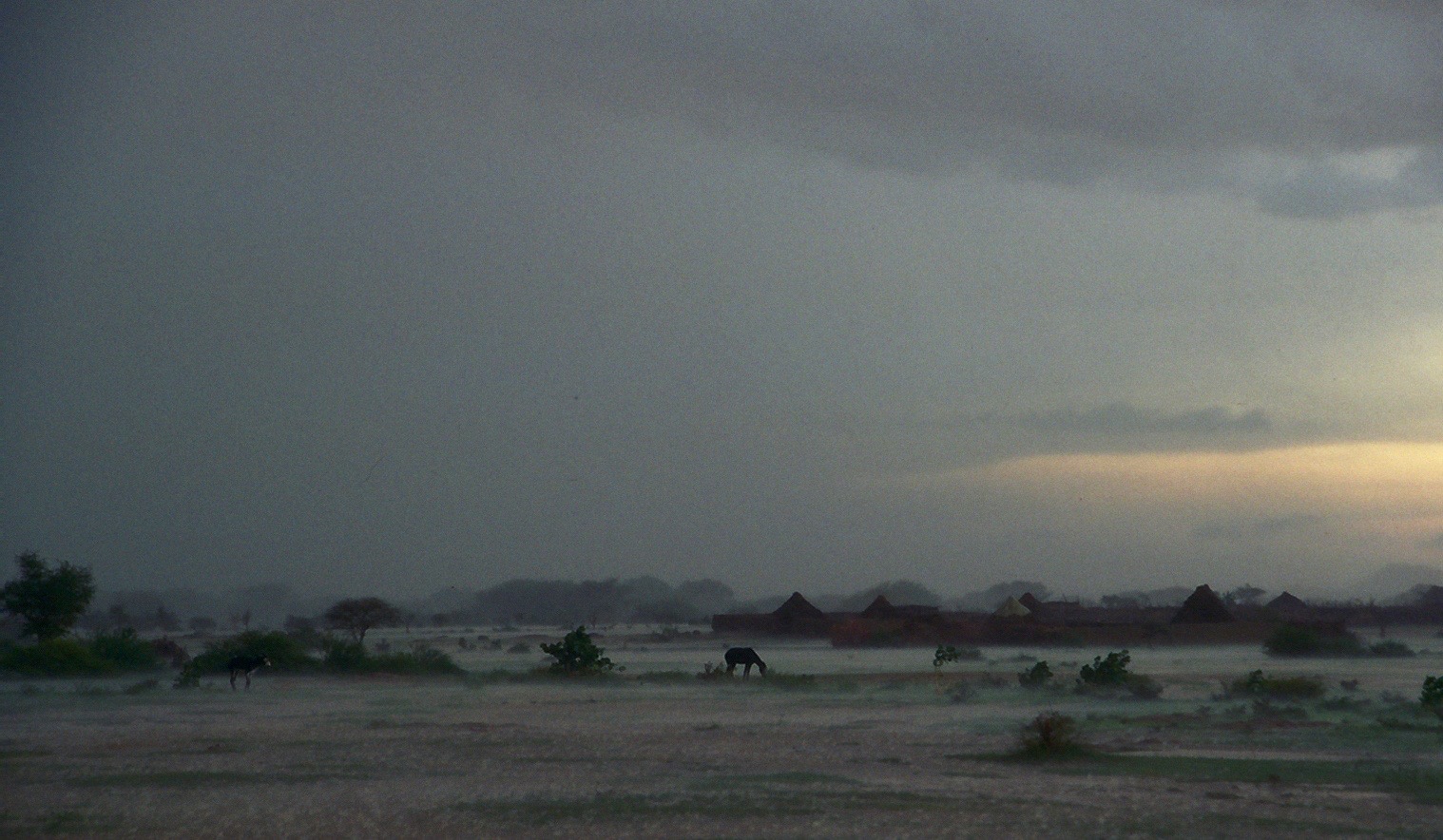 A landscape shot of a desert at dusk. A hail storm is rolling in toward the viewer. 