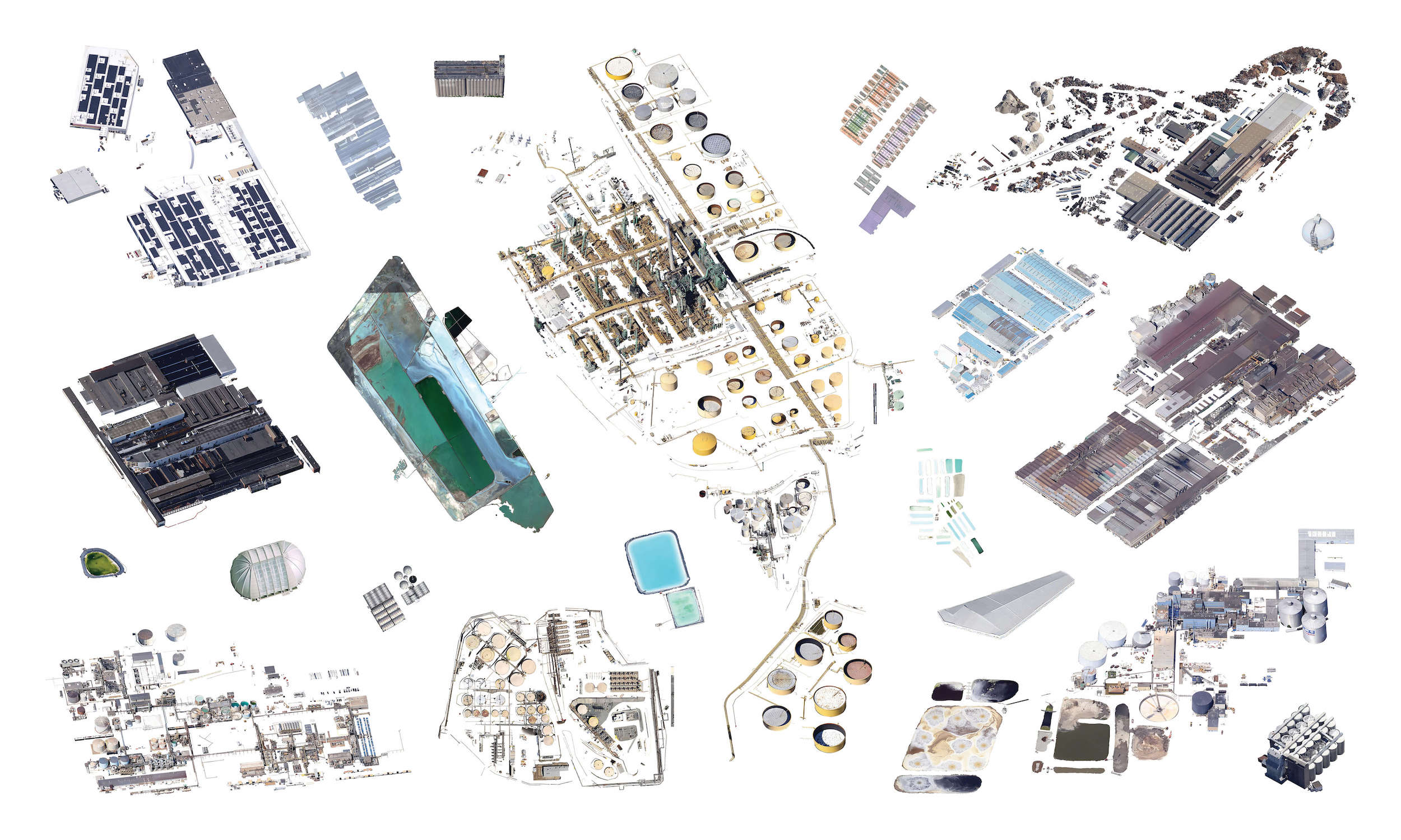 Satellite imagery of factories, mines, waste sites, and electricity plants digitally separated from their background.