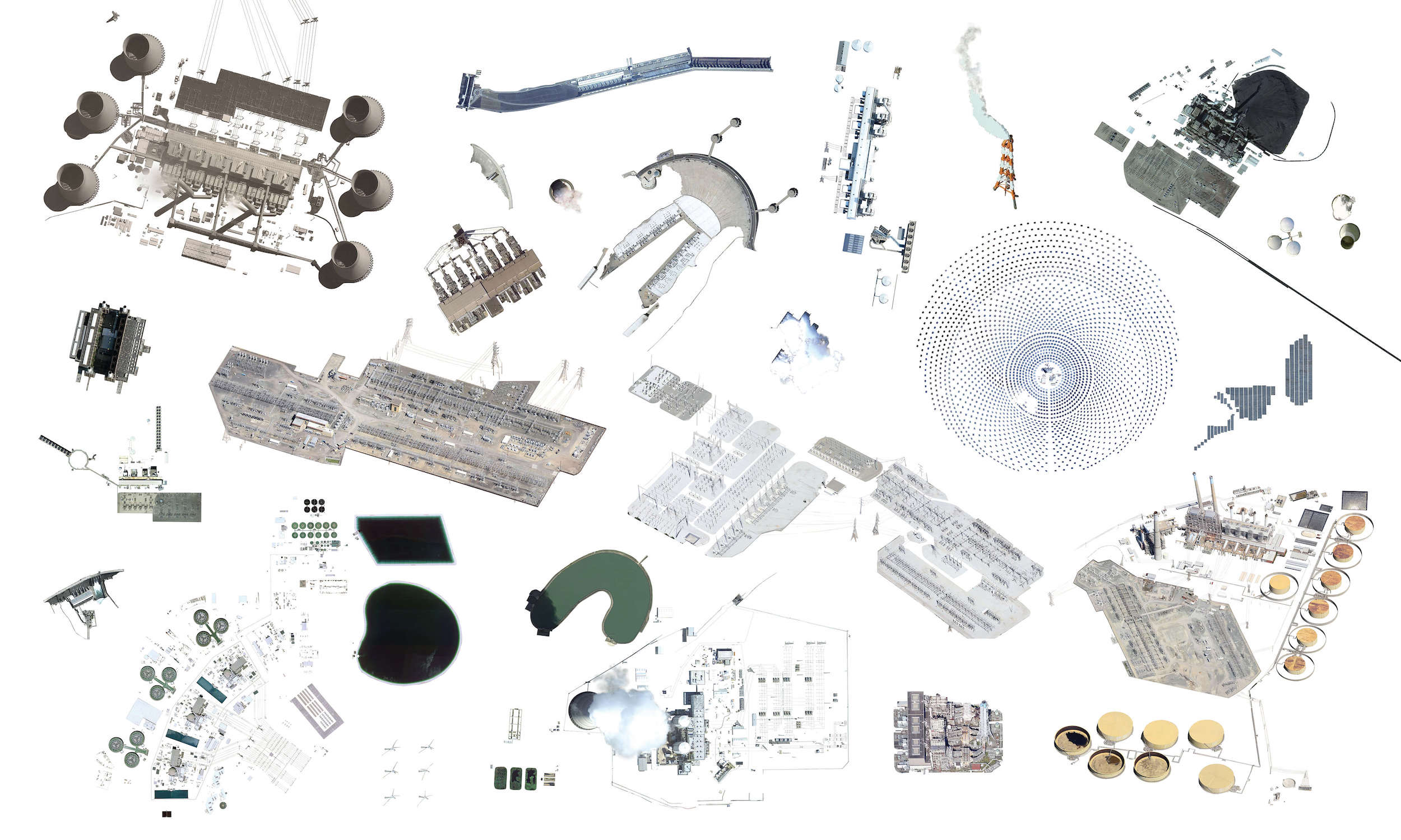 Satellite imagery of factories, mines, solar power farms, and electricity plants digitally separated from their background.  