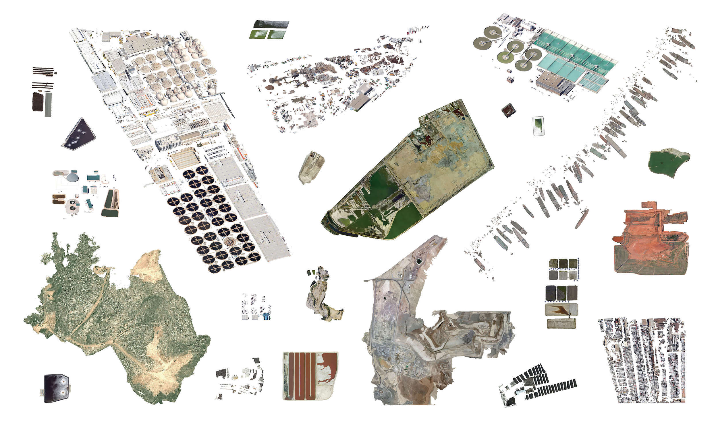 Satellite imagery of factories, mines, and storage facilities digitally separated from their background.