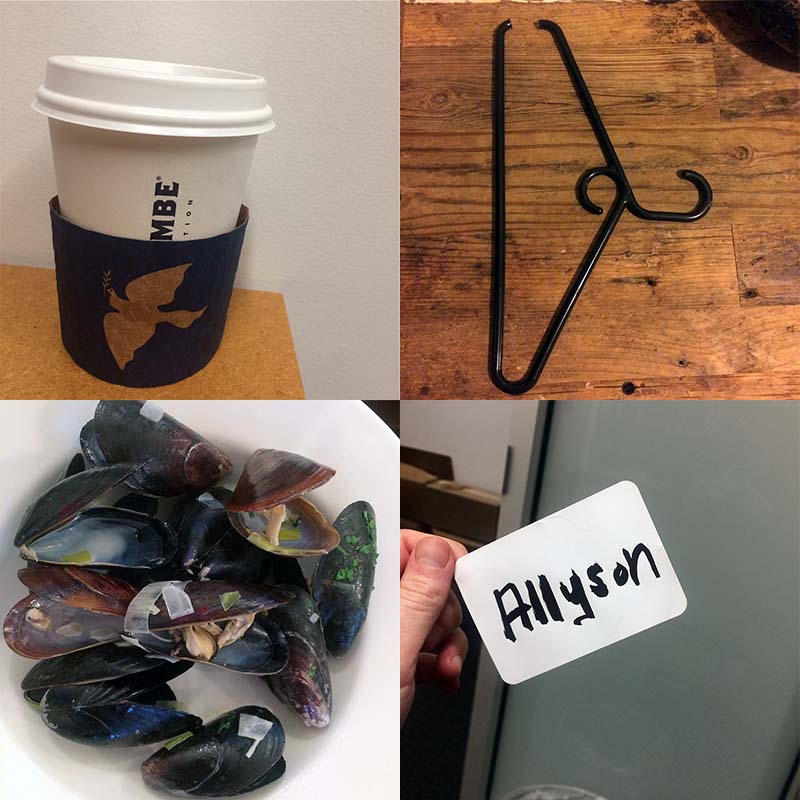 A grid of four photos. Moving clockwise from the top left: a used paper coffee cup, a broken hanger, a paper name tag, mussel shells.