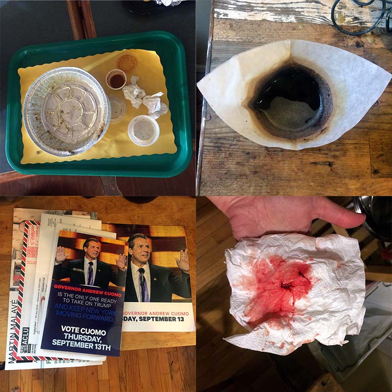 A grid of four photos. Moving clockwise from the top left: takeout packaging, a used coffee filter, a piece of use tissue, and junk mail advertising an election in New York.