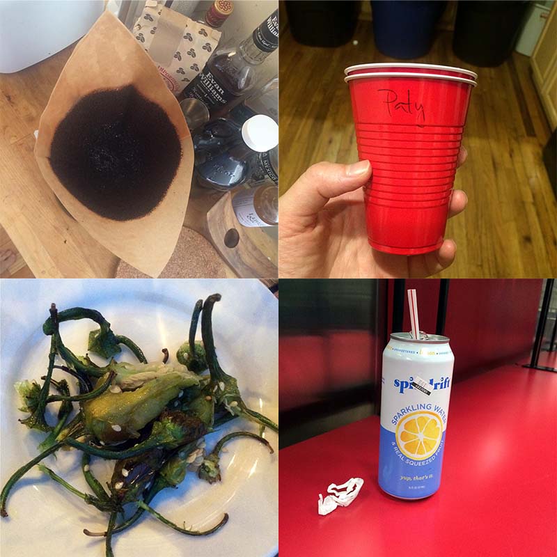 A grid of four photos. Moving clockwise from the top left: a used coffee filter, a red Solo cup, an empty can of seltzer, remains of peppers.