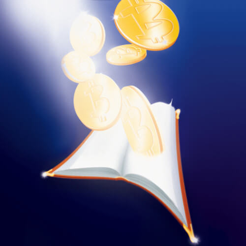 Gold coins with the bitcoin symbol are floating out of a book.