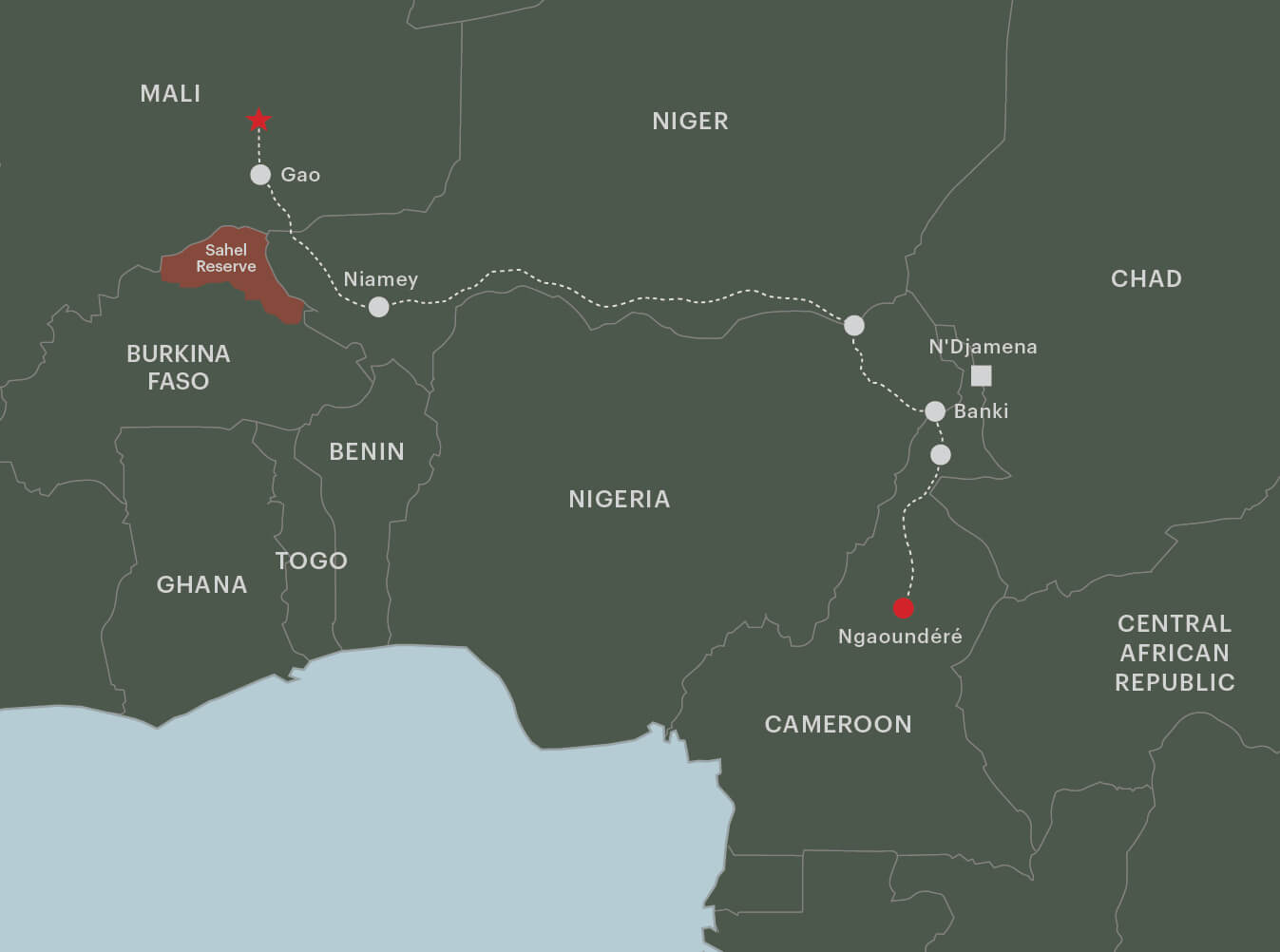 A map of the area around Mali, Nigeria, and Cameroon. 