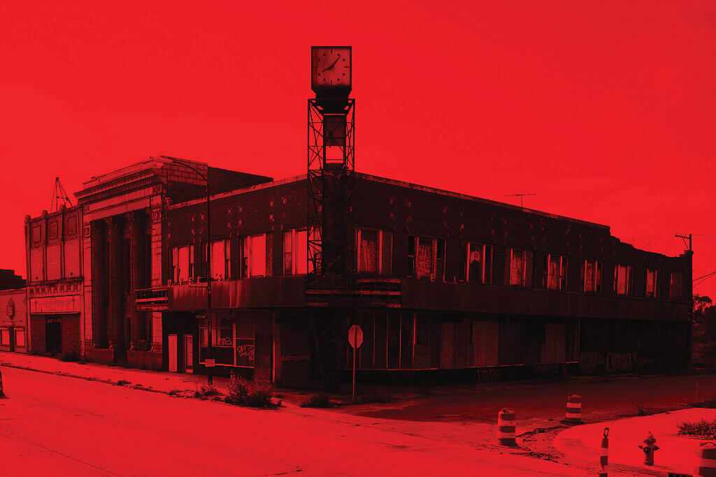 A photograph of the bank is treated with a red and black gradient, setting a foreboding tone.