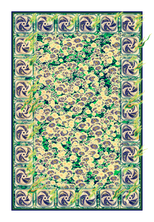 A colorful illustration in the style of a tapestry features a field of purple and cream-colored flowers surrounded by a border made of spinning box fans that emit eerie green and orange fire.